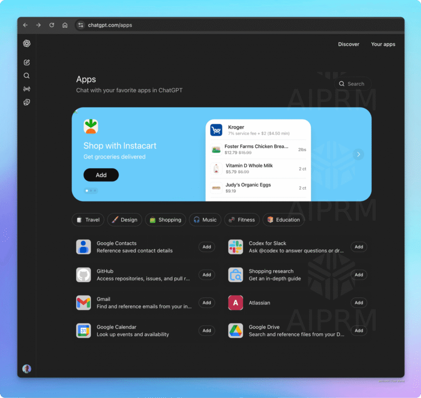 An illustration depicting the list of apps that can be integrated directly into ChatGPT, including Gmail, Google Calendar, Atlassian, and others.