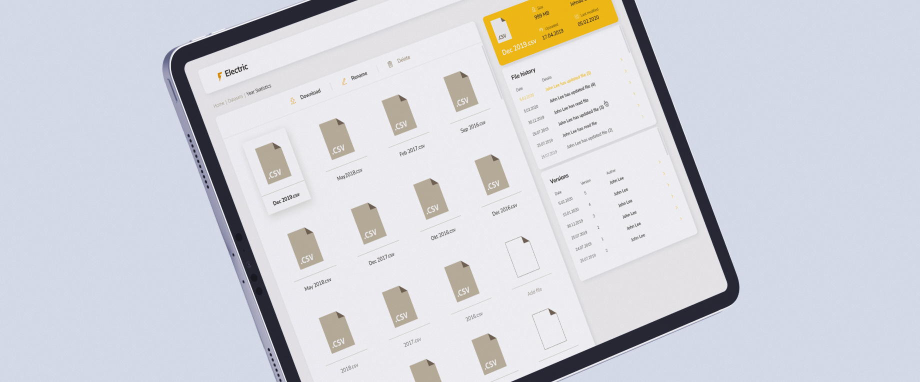 The file library shows file details, recorded activity and three versions of one file.